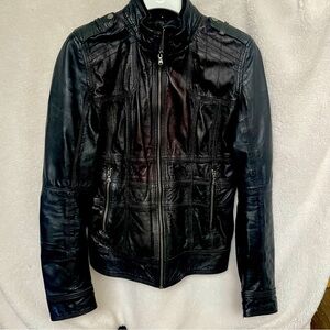 Womens GUESS LOS ANGELES LEATHER ZIP BOMBER JACKET BLACK Size M